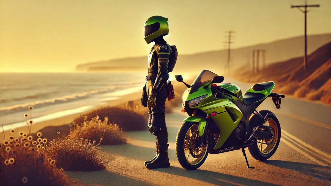 バイクを止めて遠くを眺めるライダー