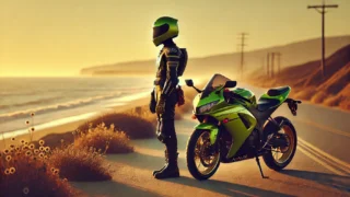 バイクを止めて遠くを眺めるライダー