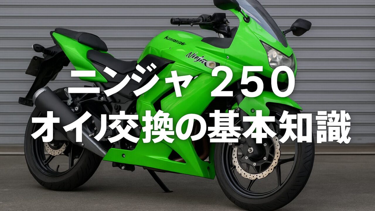 ガレージのシャッター前にたたずむ、Kawasakiニンジャ250ライムグリーン